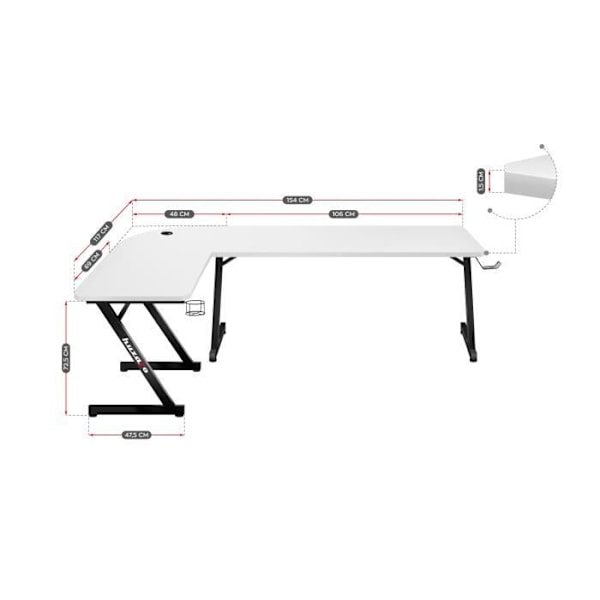 Bureau gaming i vinkeln HUZARO Hero 7.0 Vit - Kolfinish, Centralt kabelgenomföring, Hörlurs- och kopphållare, Ergonomisk