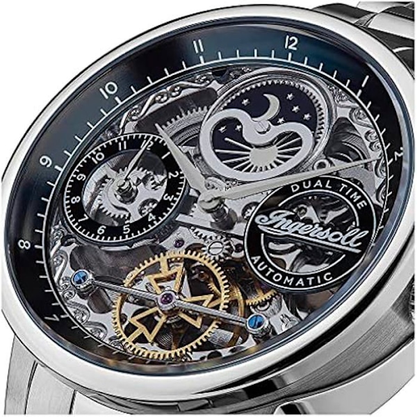 Automatisk klocka - INGERSOLL - The Jazz - 42 mm - Skeletturtavla - Armband i rostfritt stål Silver/Blå.