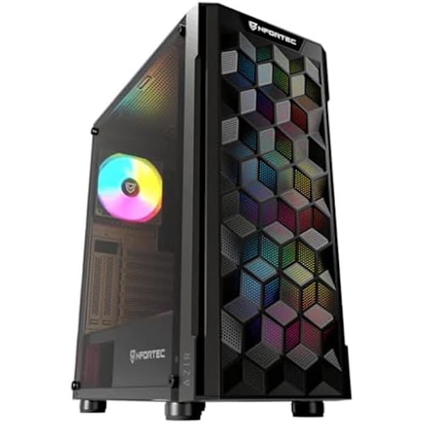 Nfortec - AZIR Mid Tower Gaming PC Case (ATX), 4x 120 mm ARGB fans inkluderet, front mesh, hærdet glas sider, sort