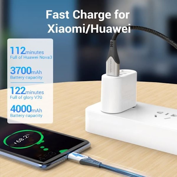 VENTION USB A til USB Type C-kabel USB C-ladekabel 3A hurtigopladning med nylonflettet til Note10/S20/S10/A80 Huawe sort