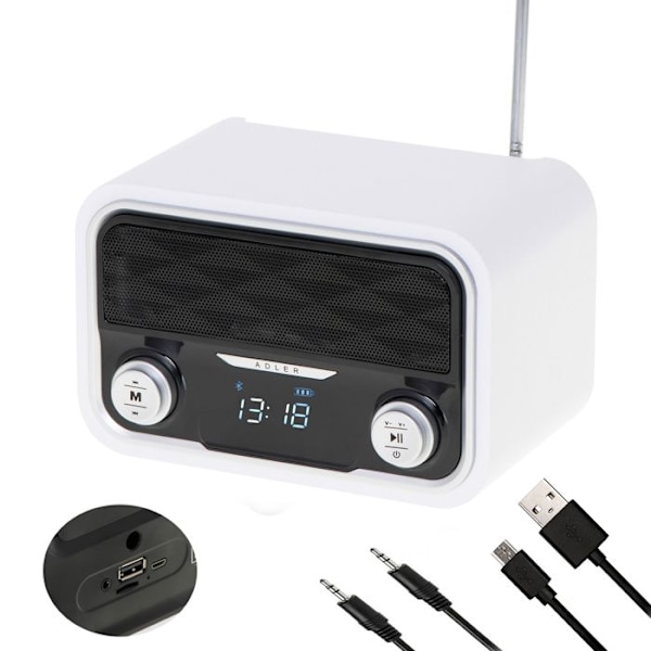 Bluetooth-radio, FM-viritintä, MP3-luento, USB-portti ja SD-kortti, Langaton, Kannettava Adler AD1185 Valkoinen 39181