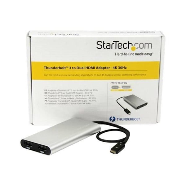 Thunderbolt 3 - kaksinkertainen HDMI -sovitin - StarTech.com - TB32HD24K60 - 4K 60 Hz - Yhteensopiva Windowsin ja Macin kanssa Hopea