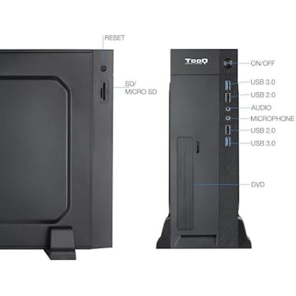 TOOQ TQC-3008U3C - Ohut Micro-ATX/Mini-ITX-kotelo, SD/TF-kortinlukija, 500 W Micro-ATX/SFX-virtalähde mukana, musta