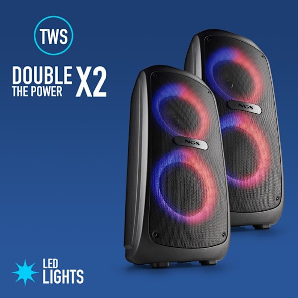 NGS WILD TEMPER: PORTABEL FESTHÖGTALARE 200 W, LED-LJUS, BLUETOOTH OCH TWS KOMPATIBILITET, USB/AUX INGÅNG, 5 TIMMARS BATTERI. Svart