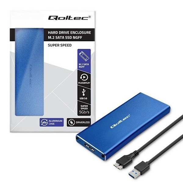 Qoltec ekstern SSD-harddisk - 51832 - M.2 SATA NGFF SSD-hus USB 3.0 Super hastighed 5 Gb/s 2 To Blå