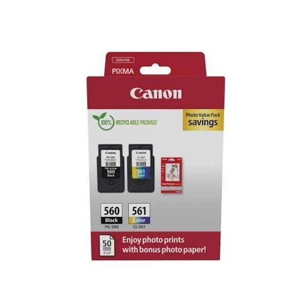 Pakke med 2 blækpatroner + fotopapirpakke - CANON - PG-560 Sort + CL-561 farve