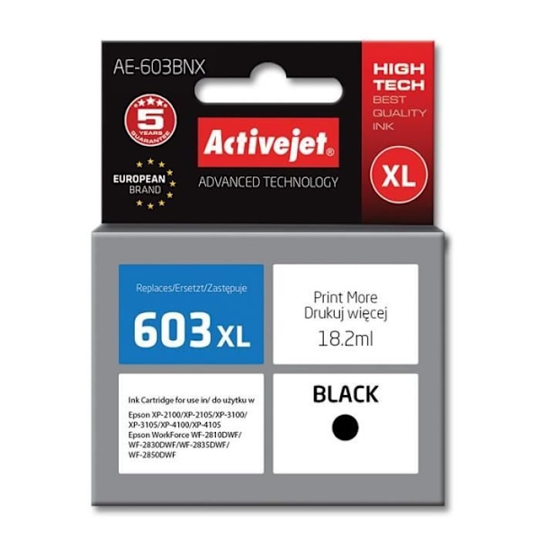 ActiveJet Ersætningspatron til Epson 603XL T03A14 Supreme 18,2 ML Sort - AE-603BNX