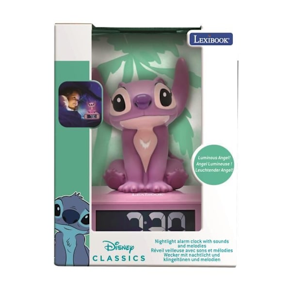 Vækkeur natlys Angel, Lyde og melodier, Baggrundsbelyst LCD-skærm, Lysende, Disney Stitch, Rosa, Lexibook, RL800D1 rosa