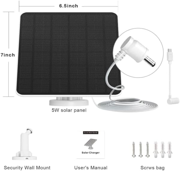 5W Ring solpanel – Laddare för utomhussäkerhetskamera med justerbart fäste – Monokristallint kisel, IP65 vattentät Ring-solladdare (Vit/Svart)