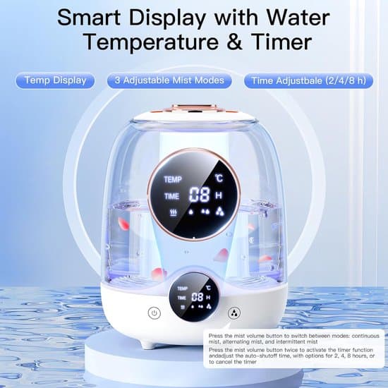 Luftfuktare för sovrum — 3L vattentank — 20dB tyst drift — 7-färgs LED-nattlampa — Smart timer — Eterisk oljediffusor — Toppfyllningsdesign