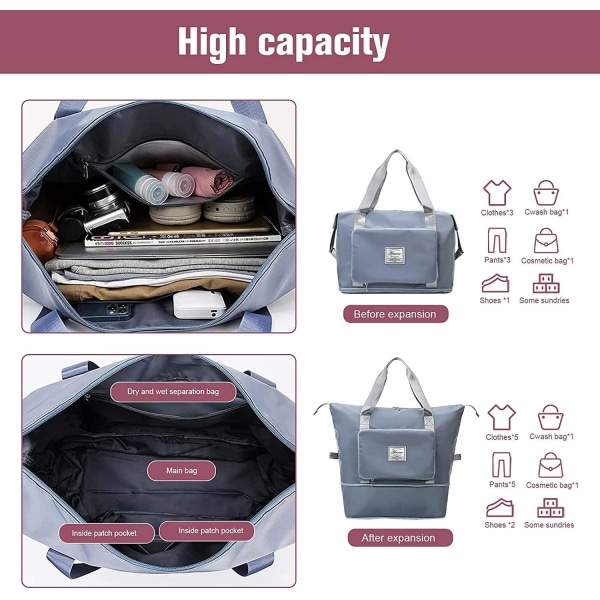 Stor Kapacitet Foldbar Rejsetaske, Rejse Letvægts Vandtæt Håndbagage Tasker med Fast Rem, Tør og Våd Separation Foldbar Rejse blue