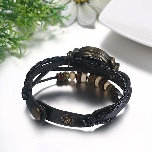 Damklocka, retro flätat läderarmband armbandsklocka med träd bladhänge för kvinnor flickor