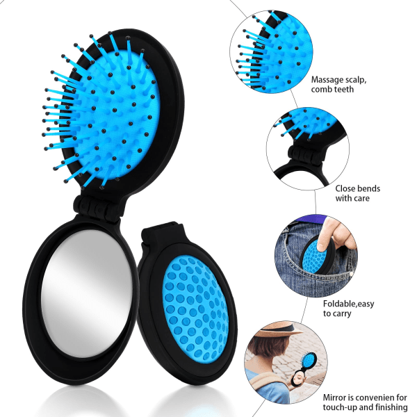 Mini hårbørste for kvinner, 2 stk bærbare kompakte sammenleggbare hårbørster med speil Liten reisestørrelse hårkam lommestørrelse hårbørste (blå og lilla)