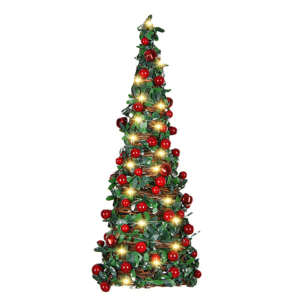 40 cm lille juletræ med lys, foran tændt pop-up juletræ på skrivebordet med røde bær Batteridrevet til jul hjemmeskole kontordekorationer