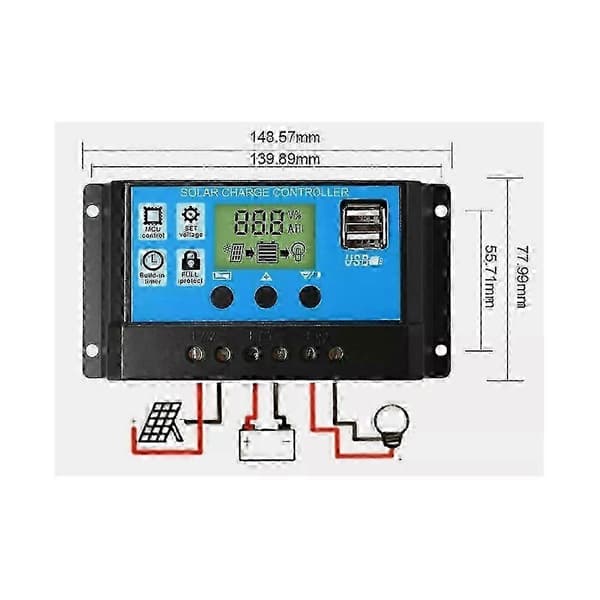 LCD Solpanel Batteri Regulator Laddningskontroller Dubbel USB 12V/24V 30A.