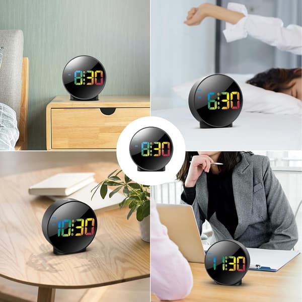 Digital väckarklocka, sängklocka med färgglad böjd LED-display, batteridriven/USB-driven digitalklocka med snooze, för tunga sovare barn black