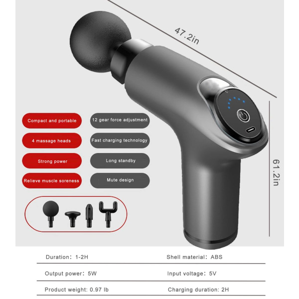 Massagepistol med 4 massagehoveder (grå - 12 hastigheder)