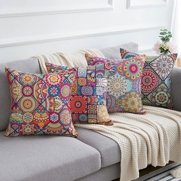 Kuddfodral 40 x 40 cm Set om 4 Hippie Bohemian Mandala Blommönster Kuddfodral Bomull Linne Kuddfodral