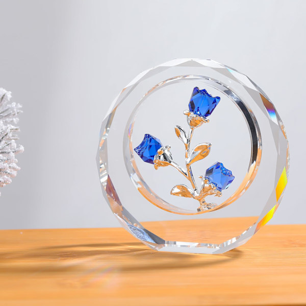 Kristallblå rosblom blomma figurin gåvor, glasrosbukett samlarobjekt pappersvikt romantisk gåva  (Blå)