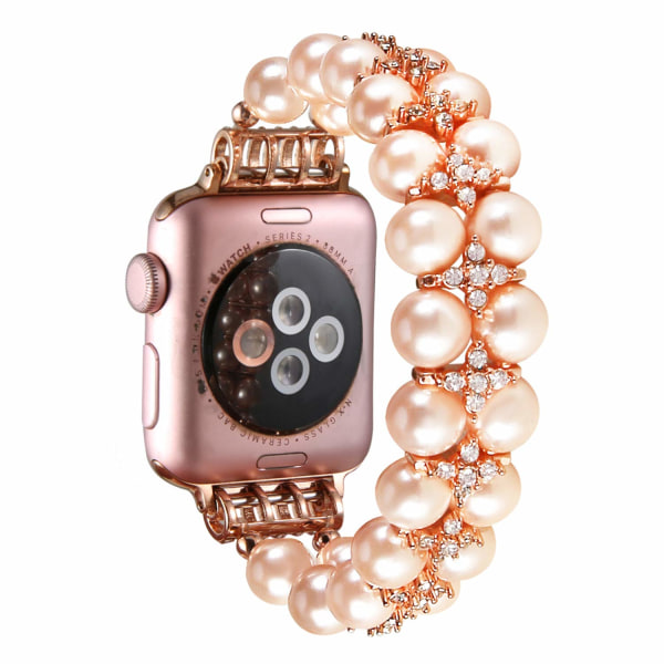 Perle Armbånd Kompatibel med Apple Watch Rem 38/40/41mm iWatch Serie 8/7/6/5/4/3/2/1, Kunstig Elastisk Stretch Bling Diamant Smykker Armbånd,A rose gold 38/40/41mm