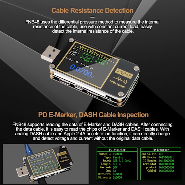 USB-tester, PD-trigger voltmeter USB 3.0 spænding og strøm tester DC 4-24V 6.5A USB C multimeter PPS hurtig opladningsprotokol, QC2.0 3.0 FNB48