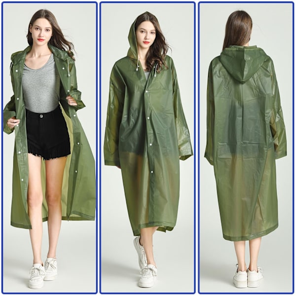 EVA Regnponcho för Vuxna, 2-Pack Återanvändbara Regnrockar med Huvor och Ärmar Lätt Regnjacka, Grön green