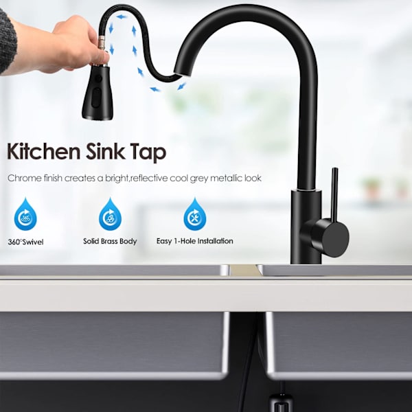 Kjøkkenkraner 360° Svingbar Kjøkkenkran Enkelt Håndtak Enkelt Håndtak Høy Bue Kjøkken Blandebatteri med Uttrækks Sprayer med 2 Moduser Spray (Svart)