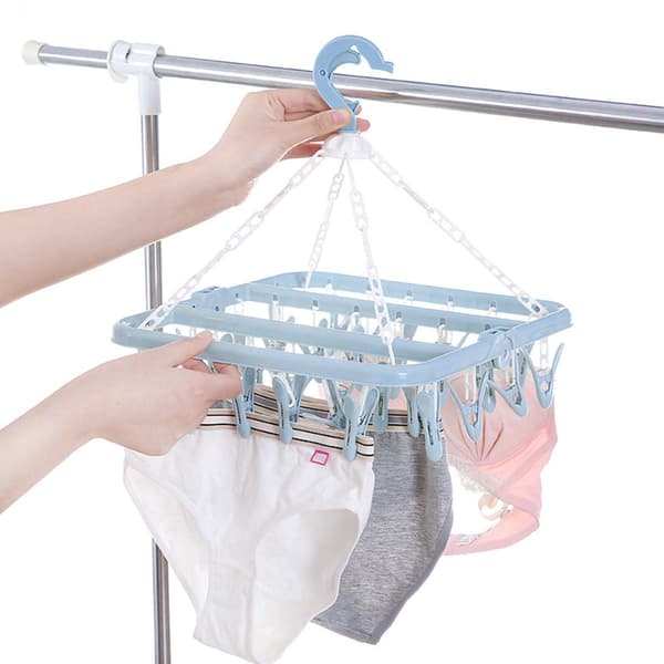 32 klyper Foldable Sokk Hangers med Klips, Rotary Hook(Blå)