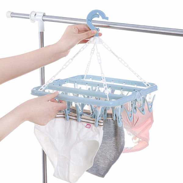 32 Peg Foldable Sokketøj med Klemmer, Drejelig Krog (Blå)
