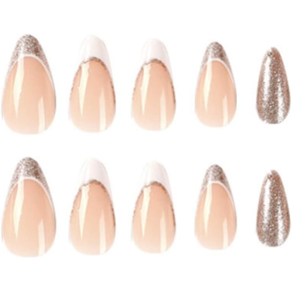 24 stk gull glitter mandel korte falske negler mønster, melkehvit fransk trykk på negler, trendy nude falske negler korte