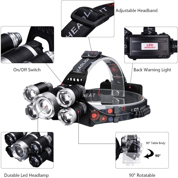 5 LED genopladelig pandelampe - 12000lm  4 lystilstande