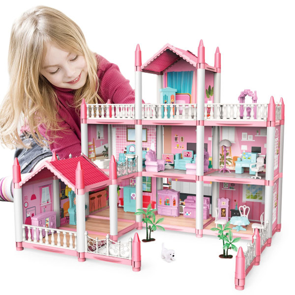 Miniatyyrinukkekoti, lasten vaaleanpunainen kolmikerroksinen linna