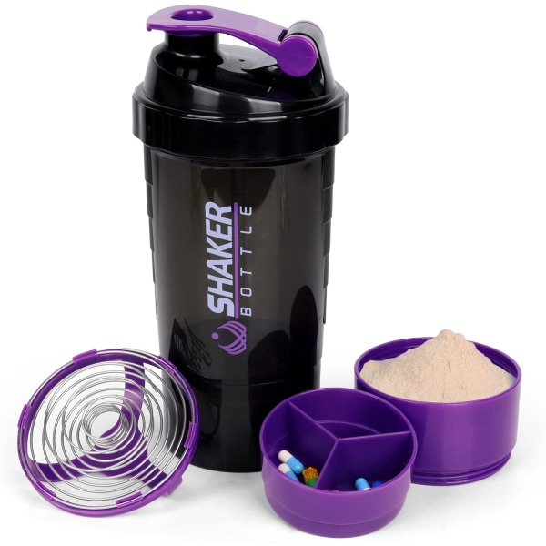 Proteiinisekoitinpullo 16 unssin shakerpullo proteiinipirtelöille, proteiiniravistelija varasto- ja sekoituspallolla, 3-kerroksinen vuodonkestävä proteiinipullo purple