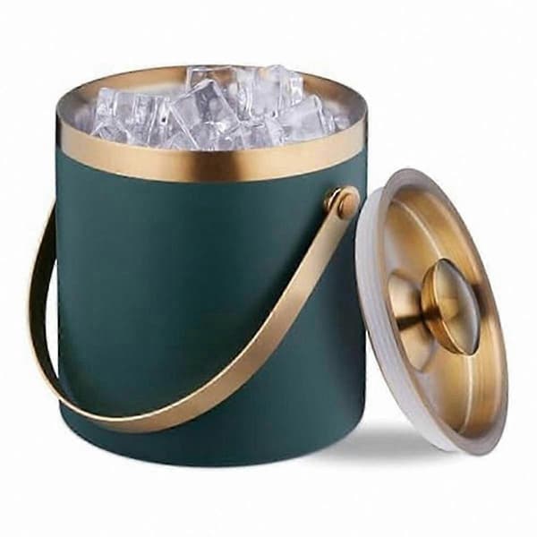 Dubbelväggig ishink i rostfritt stål med lock och handtag, grön och guld
