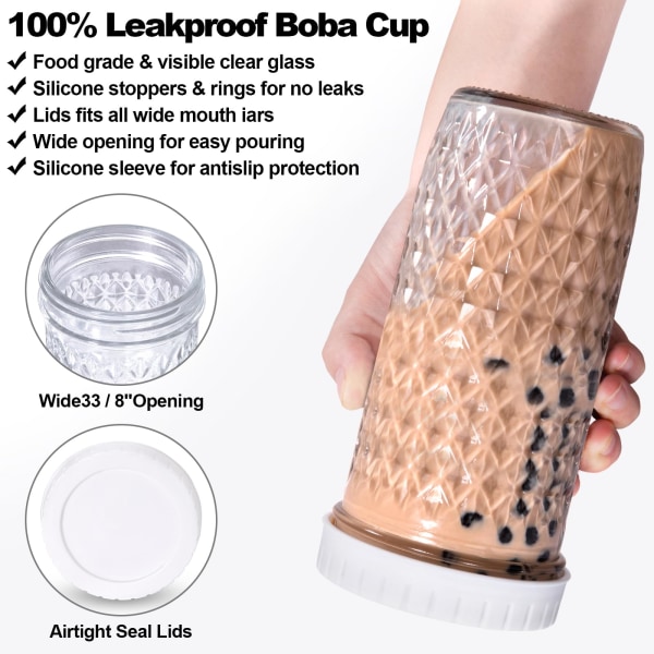 Iskaffe kopp dricksglas, 20 oz återanvändbara Boba tekopp kit glasburkar Smoothieflaska med bred mun med sugrör och bambu lock Mason Jar