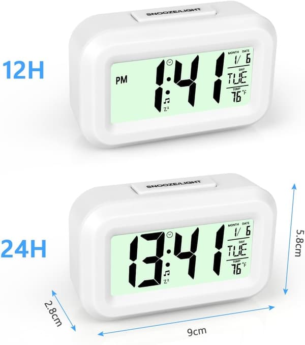 Digital vækkeur til natbordet, LED-display med justerbar slumrefunktion 12/24 timer, temperatur, dato, timer, lysstyring, bærbare vækkeure