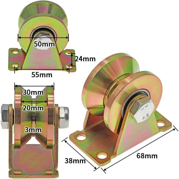 4 st V-spårhjul, 50 mm skjutgrindhjul, 300 kg per rulle