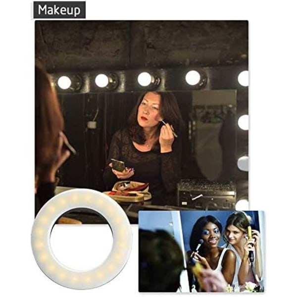 Selfie Ring Light Genopladelig Bærbar Clip-on Selfie Fyldlys med 40 LED til Smartphone Fotografering, Kamera Video, Pige Gør op (Hvid)