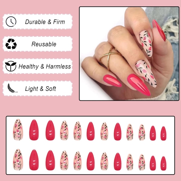 Almond False Nails Short, 24Pcs Rose Red French Fake Nails Flowers Pattern, Glossy Press on Nails with Nails Glue Stickers