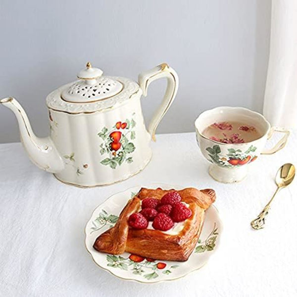Tekanna Te-kanna Fransk Retro Tekanna Kaffe Kopp Set Guld Kant Kopp Fat Tallrik Jordgubbsblomma Stor Tekopp Engelsk Eftermiddagste Restaurang Bar Cafe