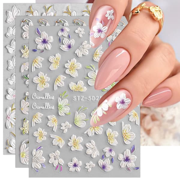 5D Präglade Vårblommor Nagelkonst Dekaler 4 Ark