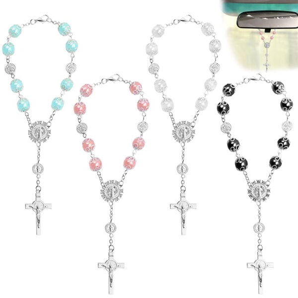 4 st Rosenkranspärlor katolska,Cross Bilspegelhängande tillbehör för kvinnor Blessing Backspegelhängande Bildekor Interiör