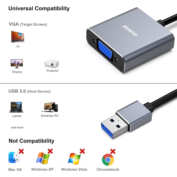 USB 3.0 til VGA-adapter, USB 3.0 til VGA hann til hunn adapter for Windows 11, Windows 10, Windows 8.1, Windows 8, Windows 7