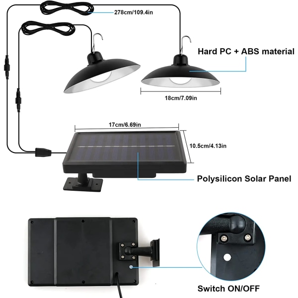 Udendørs solcelled hængelampe, dobbelt hoved med fjernbetjening