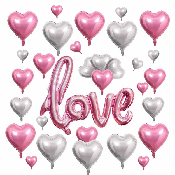 30 ST Love Heart Ballonger Dekorationer Silver Rosa Folieballonger Romantiska festtillbehör, 5" 10" 18"