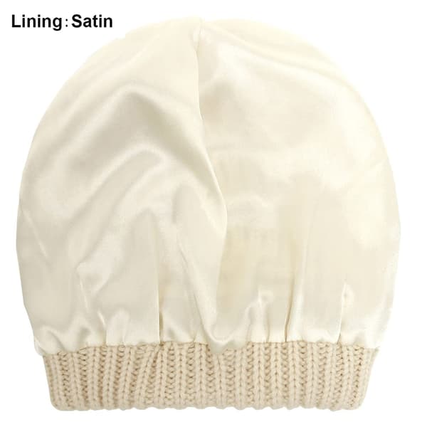 Stickad mössa för kvinnor, foder i satin, skidmössa för kvinnor, slouchy vintermössa för flickor beige