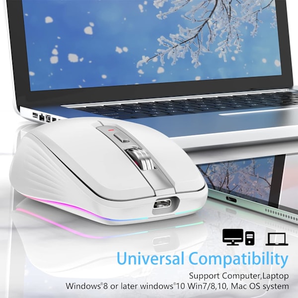 2.4G+BT5.1 Trådlös mus för datorspel med ergonomisk design, 4 justerbara DPI-nivåer, inbyggt uppladdningsbart batteri för bärbar dator white