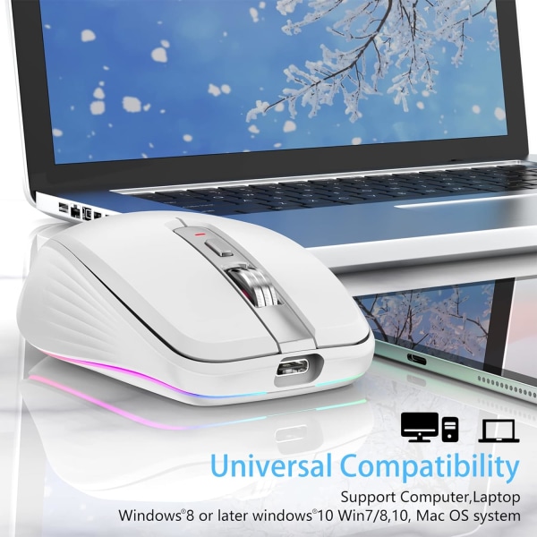 2.4G+BT5.1 Trådløs mus med dobbel modus, ergonomisk design, 4-trinns justerbar DPI, innebygd oppladbar batteri for bærbar PC white
