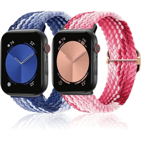 Flätad Solo Loop kompatibel med Apple Watch -remmar 38 mm 40 mm 41 mm, justerbara stretchiga band Elastiska sportarmband för iWatch-serien blue+pink 38/40/41MM