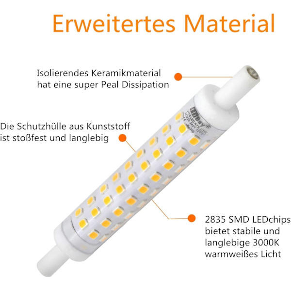 2 stk. R7s LED-pærer, 118 mm, varm hvid, 3000K 230V AC